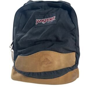 Vintage JanSport Leather Bottom Backpack Black Made in USA Daypack Hiking Canvas